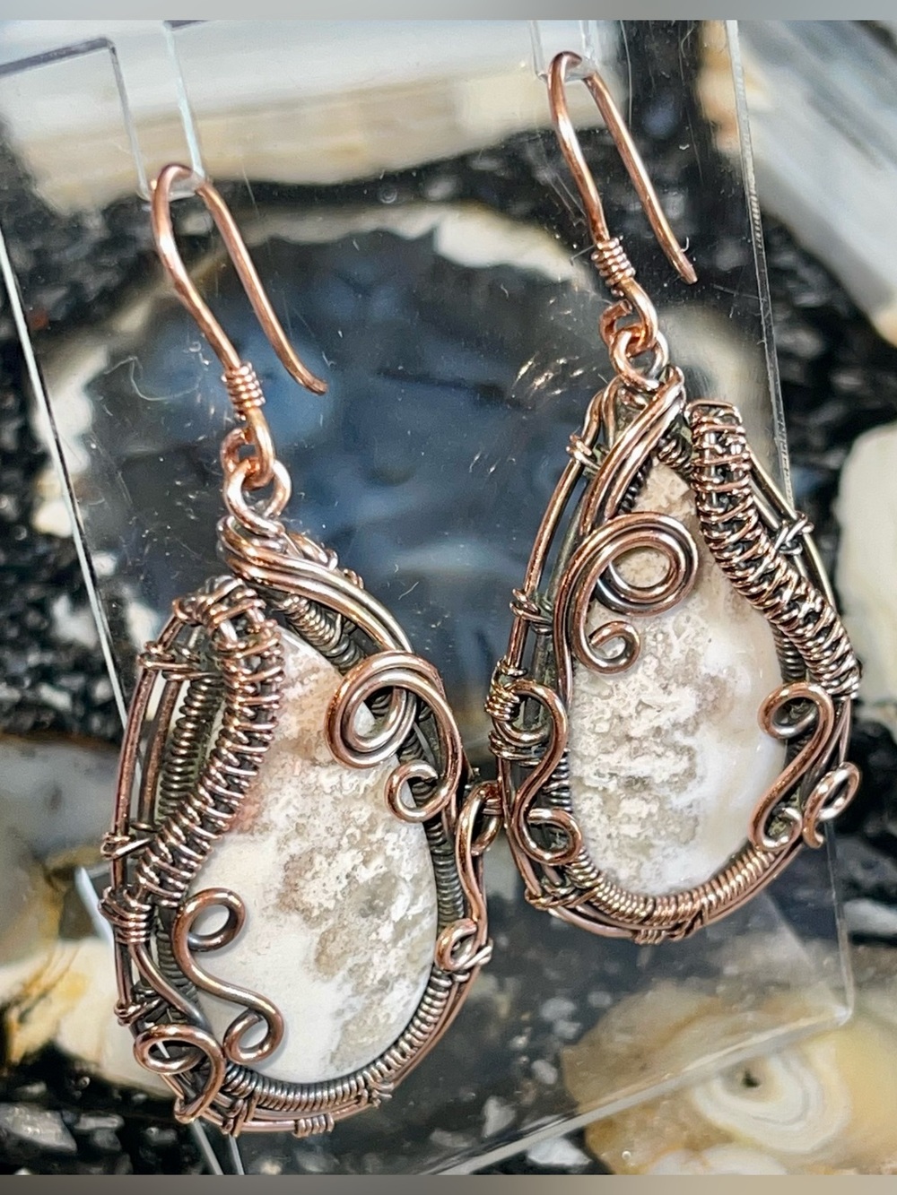 Copper Wire-wrapped Crazy Lace Agate Earrings 2 1/4” - Picture 10 of 17